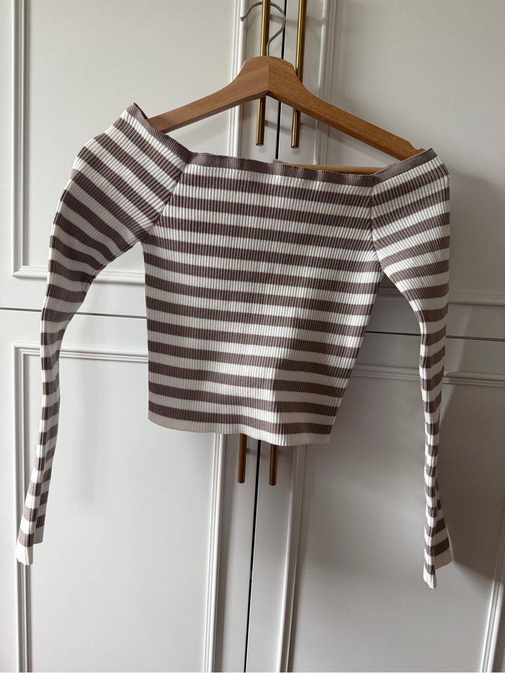 RSQ Striped Off-Shoulder Crop Top in Taupe & White